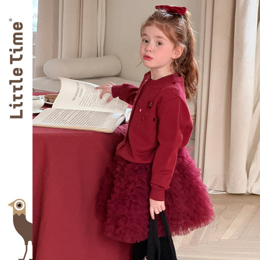 littletime女童套装2025秋冬红色圣诞喜庆闪闪毛衣开衫外套裙子 商品图2