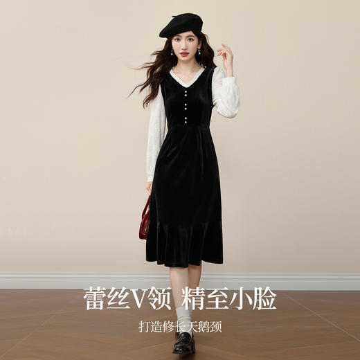 【12/10新品6折】熙世界优雅赫本风假两件连衣裙女2025秋冬新款蕾丝拼接丝绒鱼尾裙 商品图2