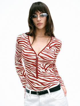 TR她热 赤色斑马 红白斑马纹针织提花设计感拉链V领连体衣打底