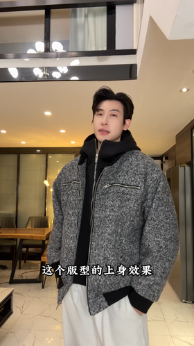 25051SDSA男士秋冬新款痞帅男装美式潮牌撞色假两件羊毛外套百搭时尚