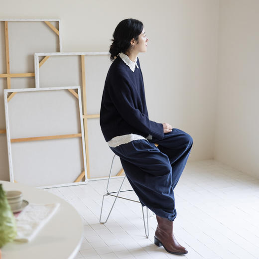 绽放862朵/纯羊毛毛衫女纯色老钱风套头毛针织衫新款百搭圆领毛衣 商品图3