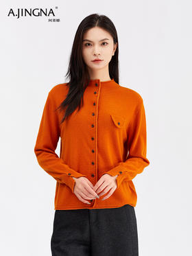 【美丽诺羊毛】阿菁娜秋冬季新款法式高领针织开衫美丽诺羊毛可翻立领复古扣子细节F30D318008