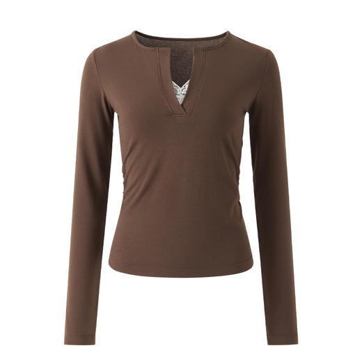 「自」全新升级【铂金会员146/天猫199/差价53】(12430)洛诗琳德绒开领蕾丝花边打底衫2025秋冬新款气质保暖上衣 商品图4