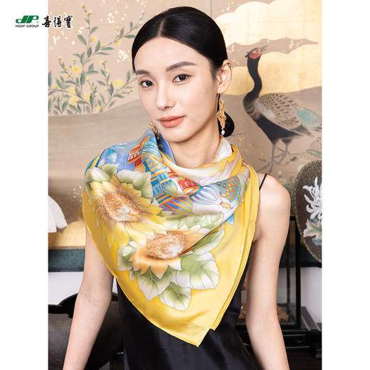 喜得宝进博会文创款《筑梦丝路》手绘非遗技艺丝巾杭州丝绸100%桑蚕丝素绉缎 商品图0