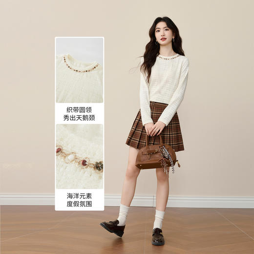 【12/10新品6折】熙世界波嬉度假风打底蕾丝衫女2025秋冬新款宽松串珠圆领套头上衣 商品图3