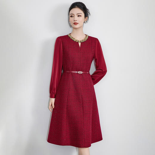 「高货wl」全新升级【铂金会员367/天猫499/差价132】(95917)洛诗琳气质亮丝编织连衣裙2025秋冬法式收腰显瘦A字裙女 商品图0