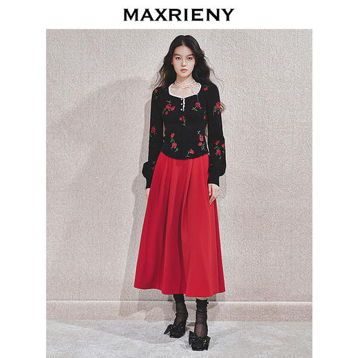 MAXRIENY【商场同款-节庆穿搭新年红】MAXRIENY复古收腰半裙中长裙(货号:MC85SK790) 商品图1