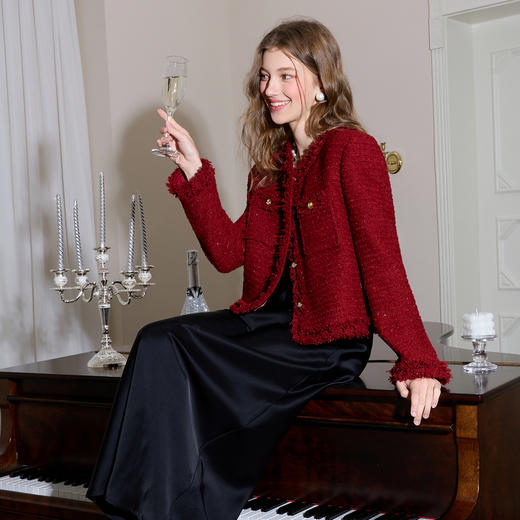 三彩2026春季新款轻奢小香外套粗花呢毛边短款圆领开衫单排扣M 商品图3