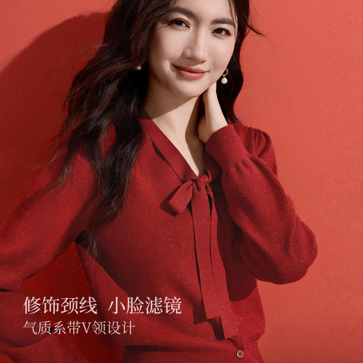 【12/10新品6折】熙世界圣诞穿搭红色毛衣开衫女2025秋冬蝴蝶结系带V领针织短外套 商品图1