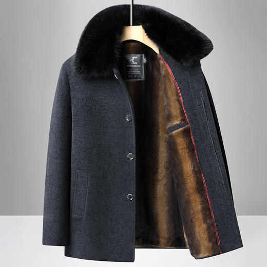 冬季新款加绒加厚男装毛呢外套中年男士休闲保暖可脱卸毛领内胆大衣 商品图3