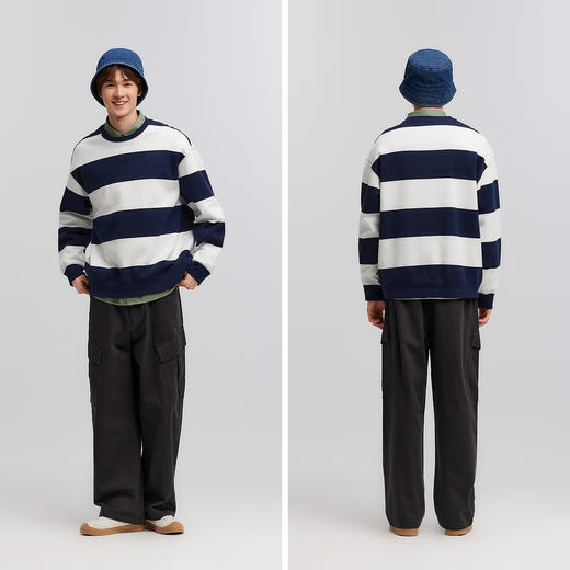 森马斯沃夫小狗联名卫衣男春季简洁字母绣花条纹情侣宽松圆领上衣 商品图4