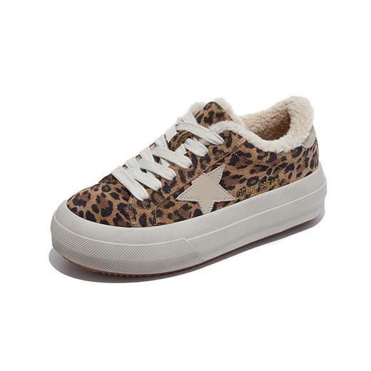 头层牛皮小白鞋女2025冬季新款平底加绒保暖板鞋休闲百搭豹纹女鞋 商品图2