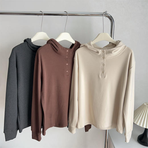 双面暖绒纽扣连帽衫 春秋冬磨毛保暖宽松显瘦卫衣 商品图4