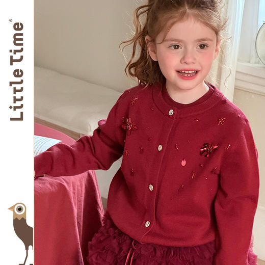 littletime女童套装2025秋冬红色圣诞喜庆闪闪毛衣开衫外套裙子 商品图3