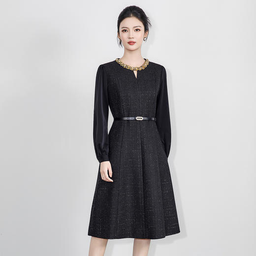 「高货wl」全新升级【铂金会员367/天猫499/差价132】(95917)洛诗琳气质亮丝编织连衣裙2025秋冬法式收腰显瘦A字裙女 商品图1