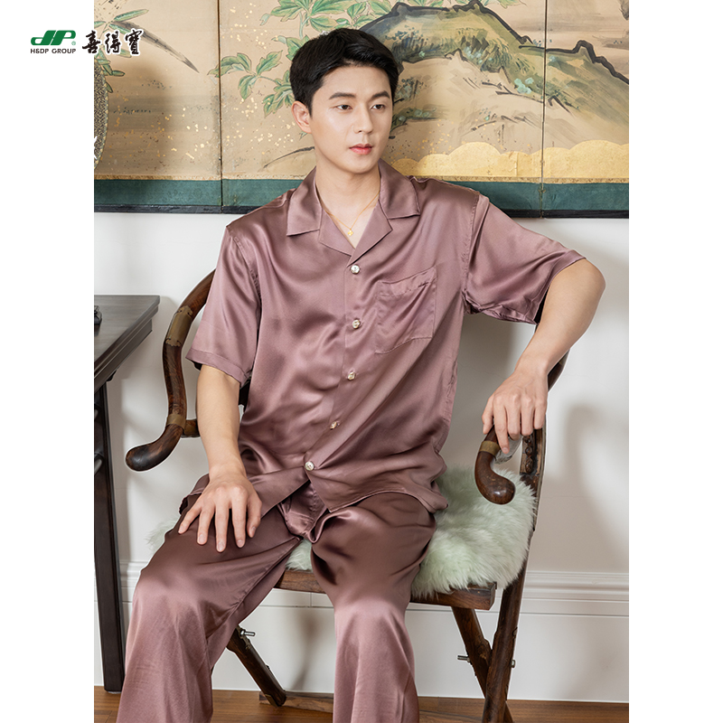 喜得宝100%桑蚕丝男士短袖重磅真丝纯色睡衣简约