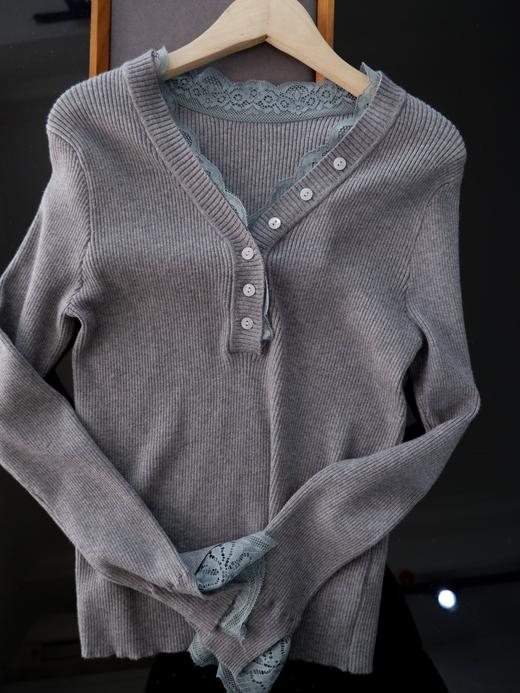 二店y 【M9102 】个人偏好，v领蕾丝拼接针织衫羊毛显瘦针织上衣 商品图9
