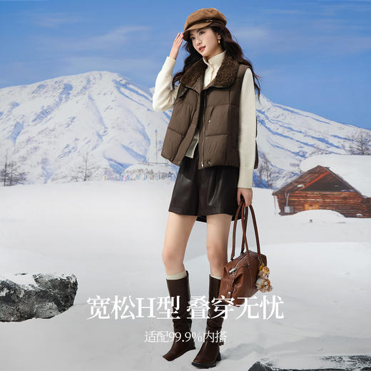【12/10新品6折】熙世界复古棕色毛绒领羽绒棉服马甲女冬季坎肩外穿马夹背心短外套 商品图2