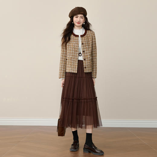 【周末秒杀】熙世界小香风短款外套女粗花呢2025秋冬新款复古格纹正肩圆领上衣 商品图2