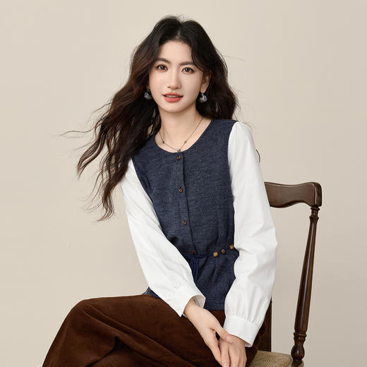 【12/10新品6折】熙世界设计感假两件圆领针织拼接收腰系带长袖衬衫女2025秋冬新款 商品图4