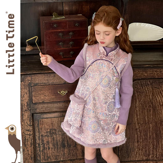 littletime女童旗袍2025新款加绒背心裙套装秋冬女国风盘扣刺绣 商品图0