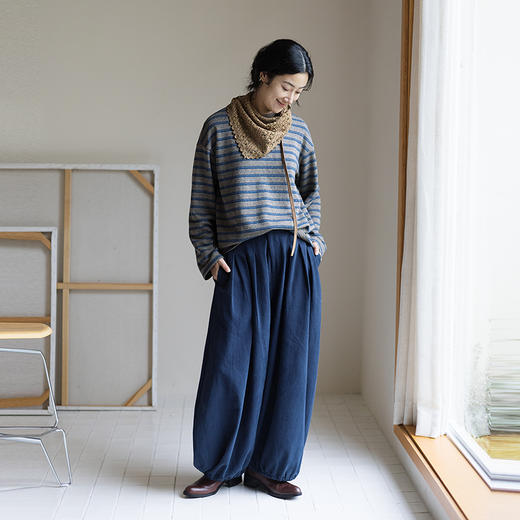 绽放835朵/汉麻混纺花纱撞色加绒长袖T恤女慵懒感圆领落肩打底衫 商品图3