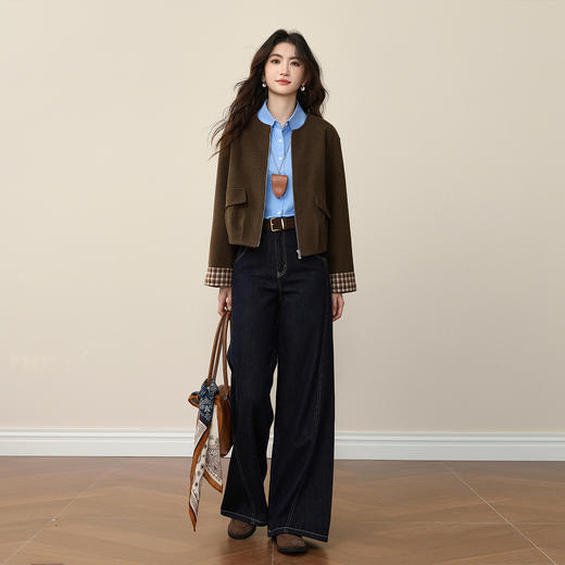 【12/10新品6折】熙世界巴恩风羊毛呢短外套女小个子撞色格纹夹克上衣2025秋冬新款 商品图2