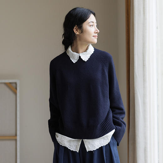 绽放862朵/纯羊毛毛衫女纯色老钱风套头毛针织衫新款百搭圆领毛衣 商品图1