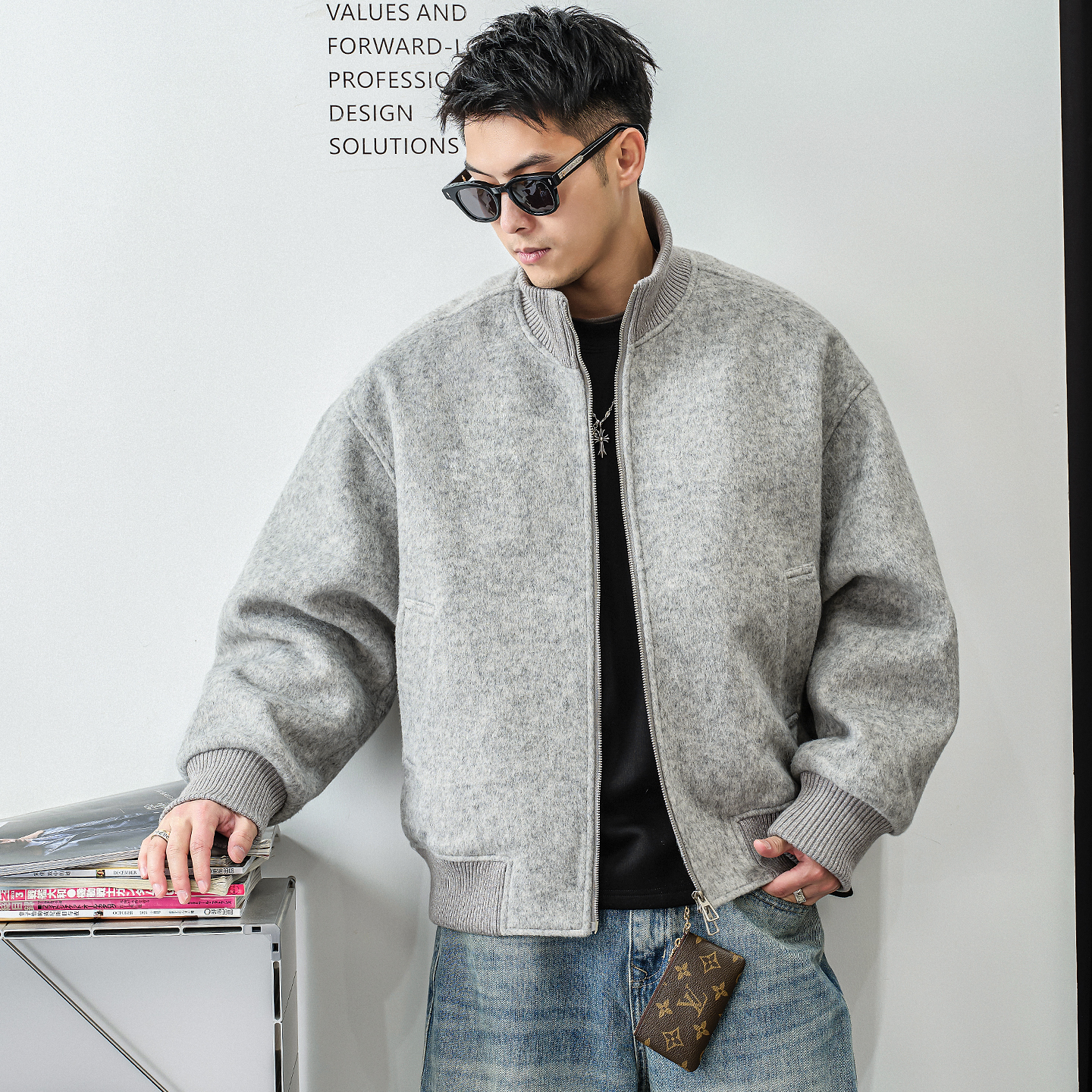 徐太浪【螺纹收口 双拉链】灰色毛呢夹克男秋冬款高级感休闲外套