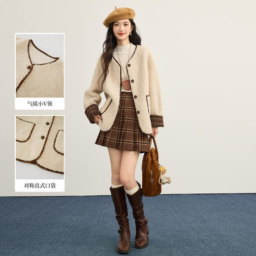 【年货节】熙世界小香风V领仿猫绒外套女2025冬季宽松慵懒皮毛一体毛绒上衣 商品图1