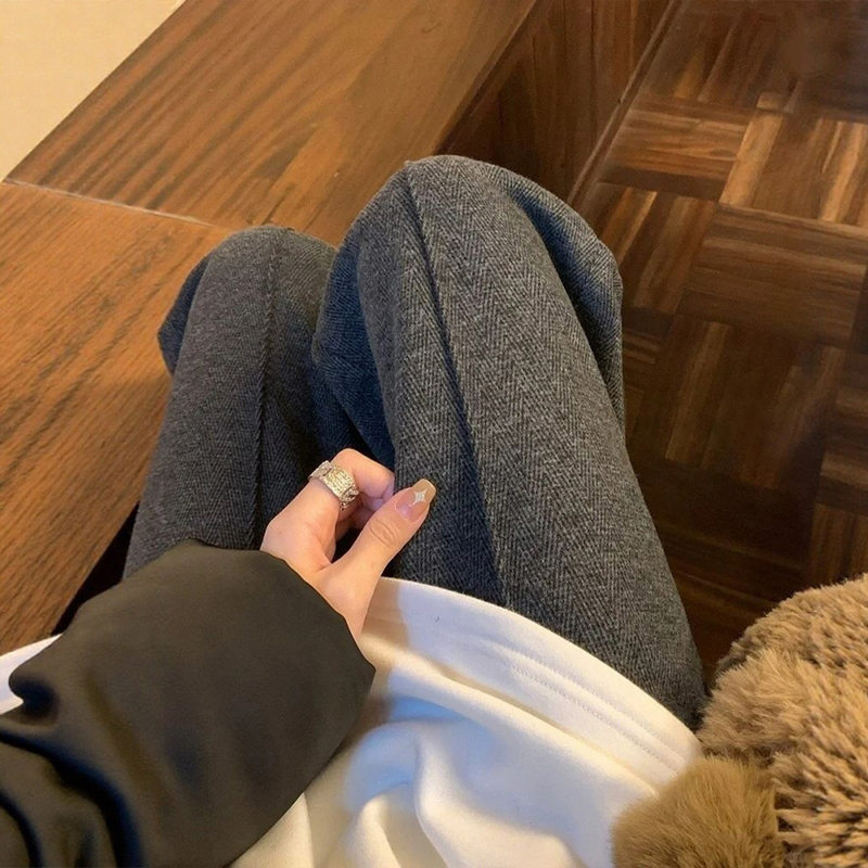 春秋款人字纹毛呢阔腿裤女窄版直筒裤