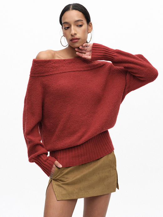 TR她热 复古派对 酒红色羊毛针织提花复古一字肩蝙蝠袖毛衣上衣 商品图4