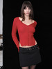 TR她热 红辣椒 中国红针织螺纹复古显瘦V领开叉打底衫上衣 商品缩略图0