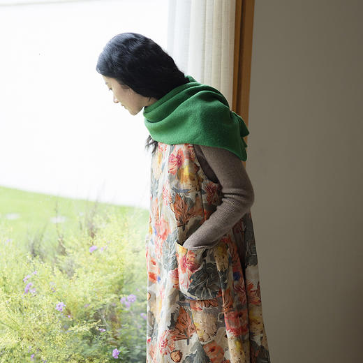 绽放834朵/雨露麻艺术印花方领花苞无袖连衣裙女新款秋冬叠搭长裙 商品图3