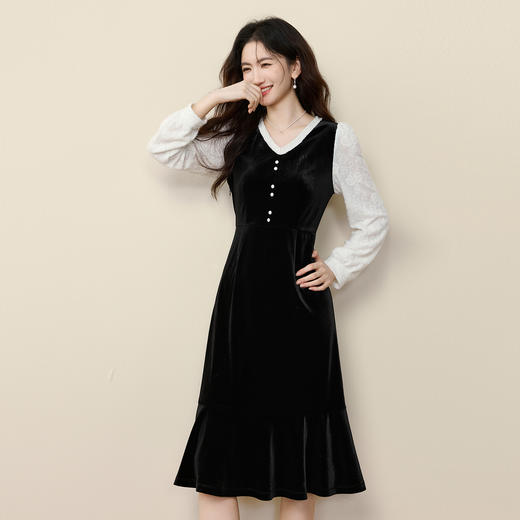 【12/10新品6折】熙世界优雅赫本风假两件连衣裙女2025秋冬新款蕾丝拼接丝绒鱼尾裙 商品图3