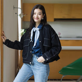 绽放543朵/冬季加厚牛仔撞色短款羽绒服女冬慵懒感羽绒夹克厚外套