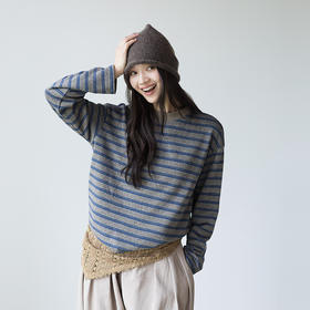 绽放835朵/汉麻混纺花纱撞色加绒长袖T恤女慵懒感圆领落肩打底衫