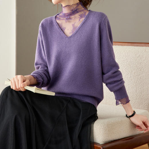 V领蕾丝拼接毛衣宽松内搭设计感，小众针织打底衫上衣CC-27-25250 商品图0