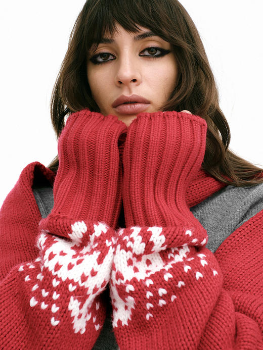 TR她热小马奇遇 红色羊毛针织小马提花复古保暖围巾袖套围脖 商品图4