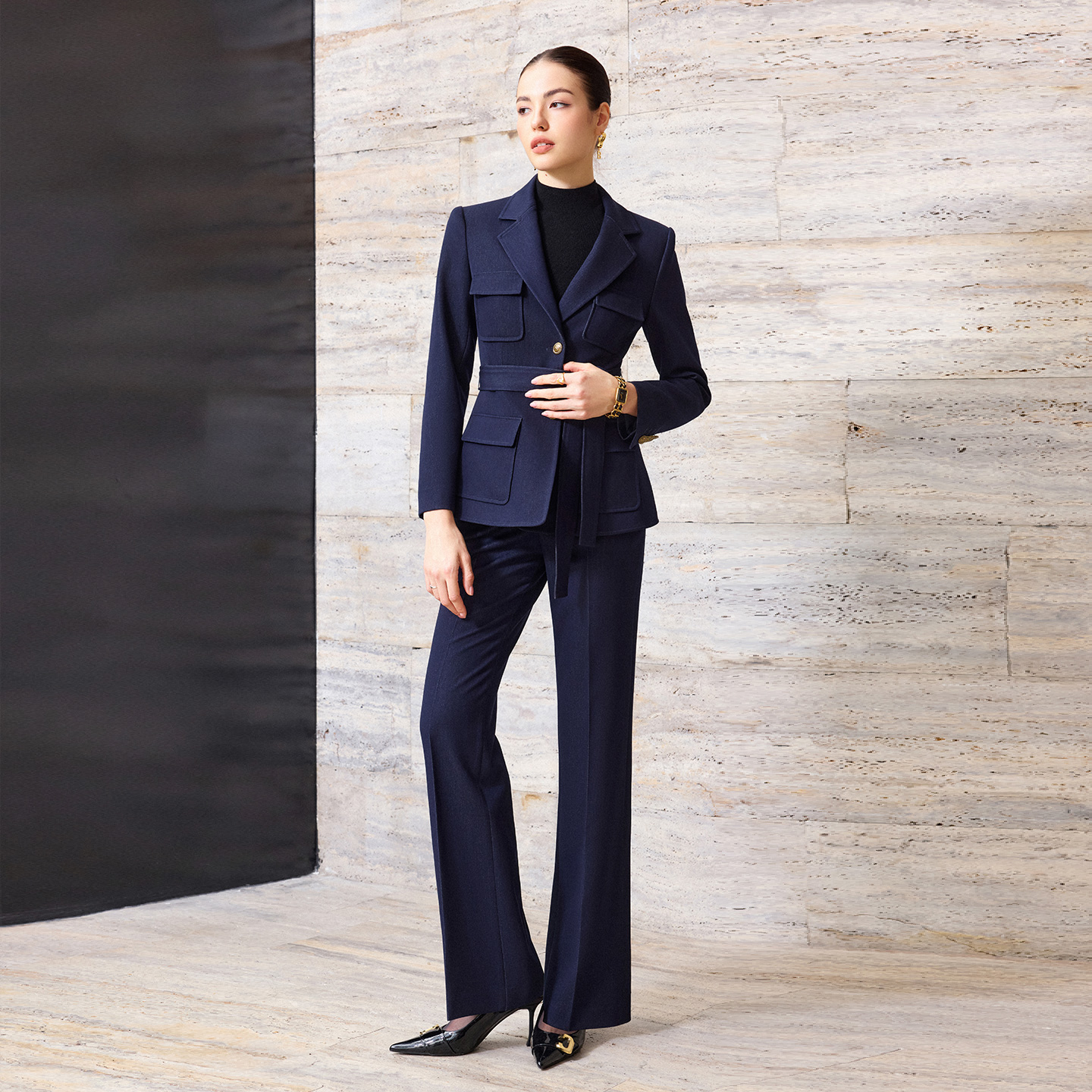 IWY/藏青色高端英伦风系带西装套装秋冬智感蓝调职场气质百搭牛仔蓝西装高腰显瘦直筒裤女CP2558