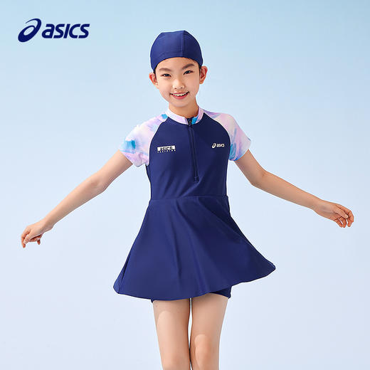 ASICS/亚瑟士童装25年夏季新款女童弹力抗菌泳衣泳帽连体满印套装 商品图1