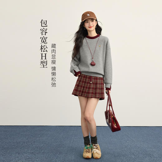 【12/10新品6折】熙世界慵懒风松弛厚卫衣女2025秋冬新款撞色拼接套头休闲宽松上衣 商品图2