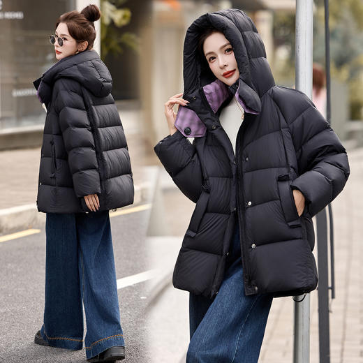 时尚格纹撞色拼接连帽羽绒服，气质中长款加厚保暖外套HR-MEIQIN59176 商品图1