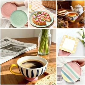 【出口餐具尾单-福利专场】复古简约餐具系列多彩边碗/花朵马克杯/小方盘/ 浮雕盘/平盘【CJ21】