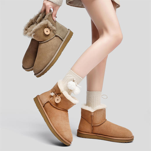 隆丰冬季新款女士一粒扣经典短靴舒适加厚A级羊皮毛一体雪地靴122563 商品图0