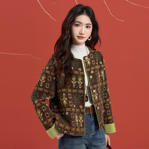 【12/10新品6折】熙世界「敦煌乐舞」复古艺术风提花短外套女秋冬厚款圆领开衫上衣 商品图4