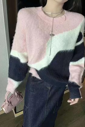 LNNNS 粉色撞色宽松圆头毛衣 21785