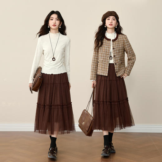 【12/10新品6折】熙世界杏色木耳边半高领打底衫女25秋冬新款长袖内搭保暖T恤上衣 商品图1