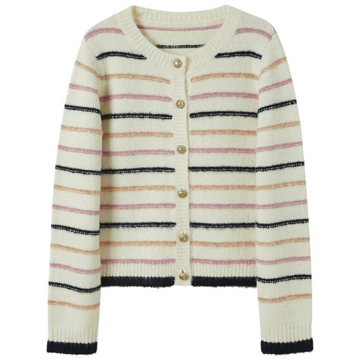 三彩2026春季新款条纹针织衫复古圆领毛开衫外套显瘦短款M 商品图4