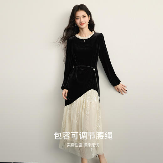 【12/10新品6折】熙世界富家千金赫本风亮片网纱拼接假两件丝绒连衣裙女25秋冬新款 商品图1